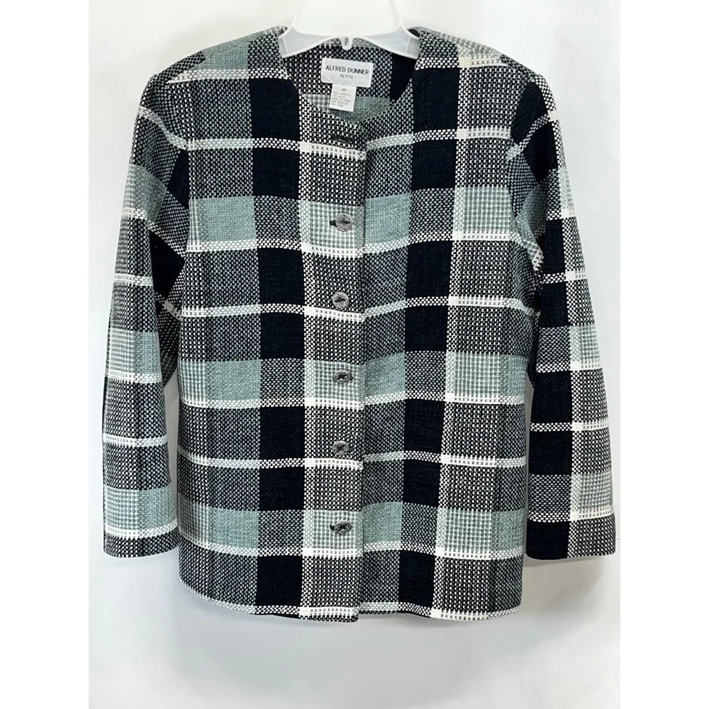 Vintage Alfred Dunner Petite Womens Black Gray‎ Plaid Button Up Blazer  8P